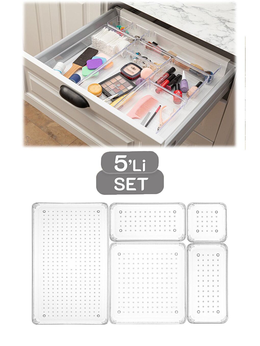 Renksiz 5 Parça Çekmece İçi Düzenleyici, Punto Banyo Makyaj ve Takı Düzenleyici - Masaüstü Organizer