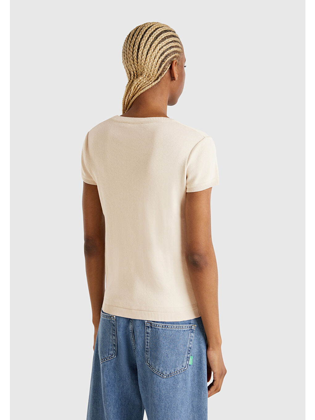 Kadın Bej 100 Pamuk Bisiklet Yaka Kısa Kollu Kazak-2