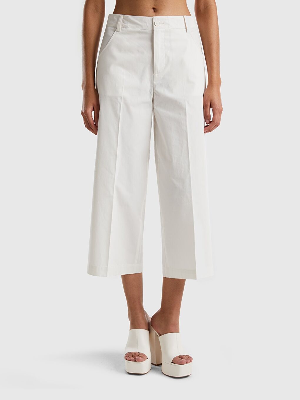 Ekru Kadın Krem 100 Pamuk Kısa Geniş Paça Pantolon