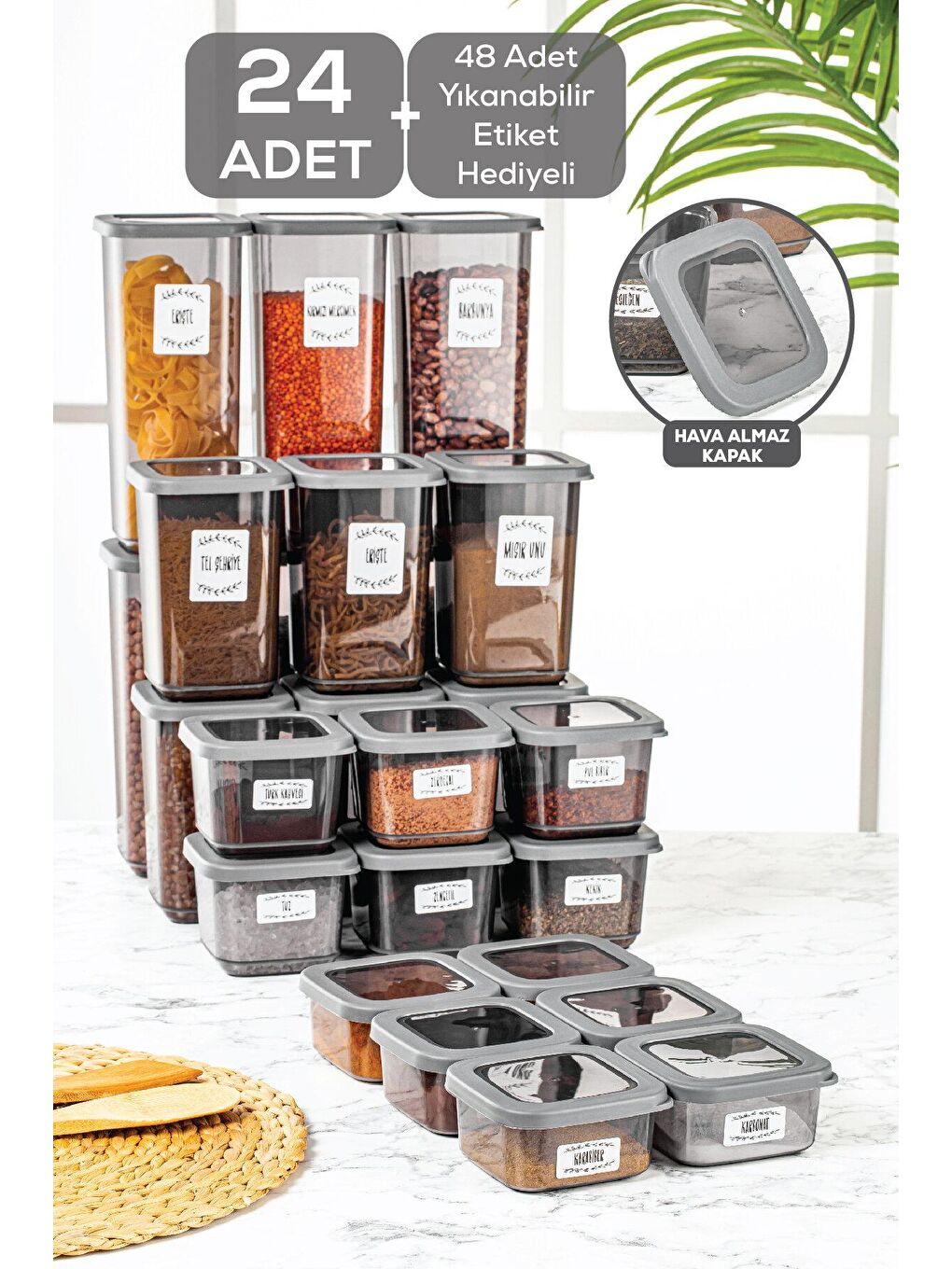 24'lü Silikon Kapaklı Kare Erzak Saklama Kabı Seti 8x(0,5 lt-1,1 lt-1,7 lt) Baharatlık Seti Antrasit