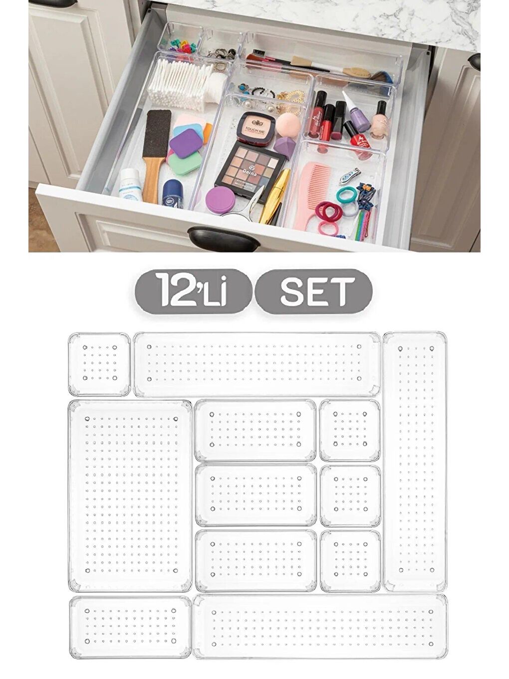 Renksiz 12'li Set Punto Çekmece İçi Düzenleyici, Banyo Makyaj - Takı Düzenleyici - Ofis Masaüstü Organizer