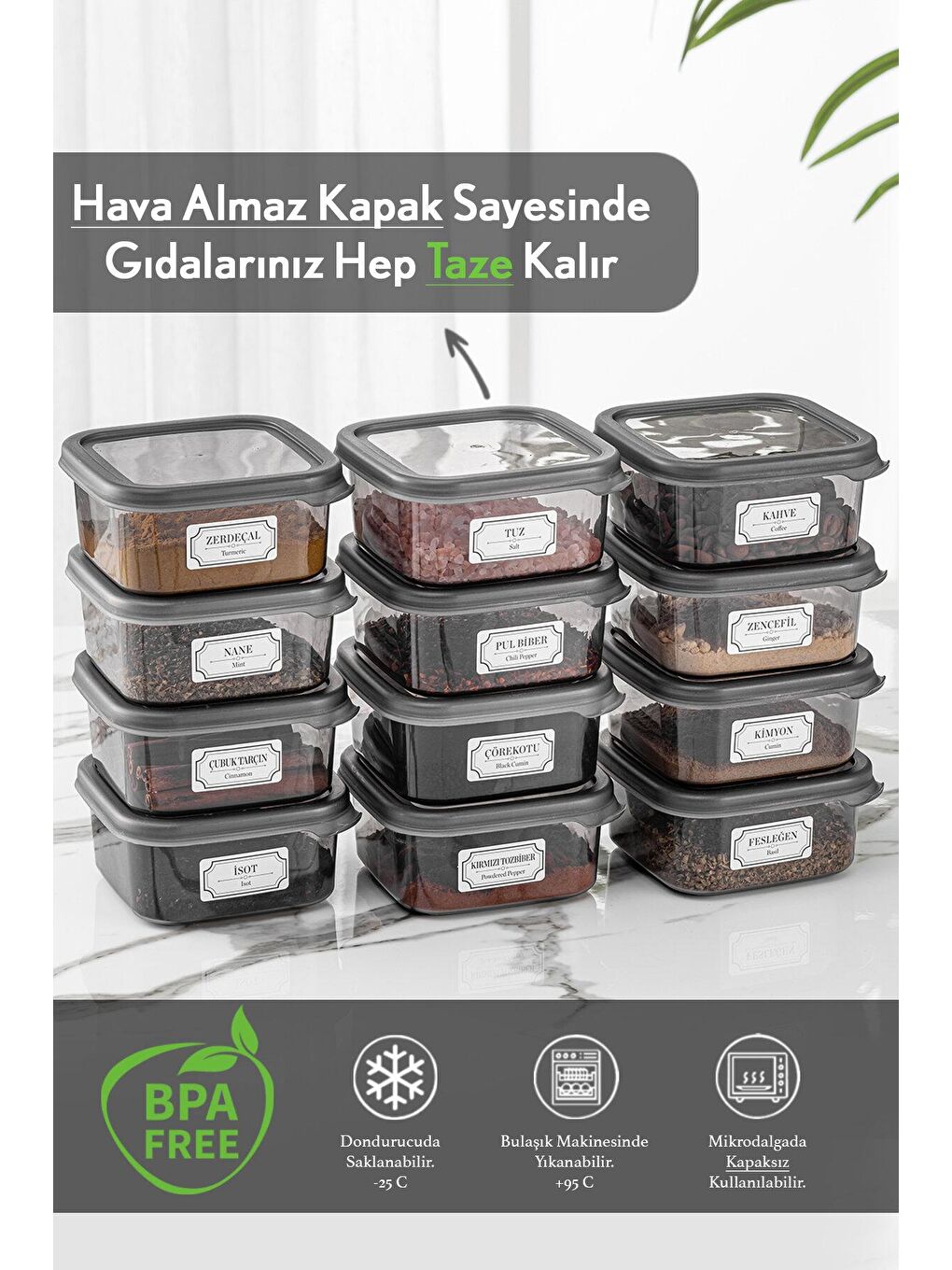 Antrasit 12'li Etiketli Kapaklı Kare Erzak Saklama Kabı Seti Baharatlık Seti 12x 300 ml-1