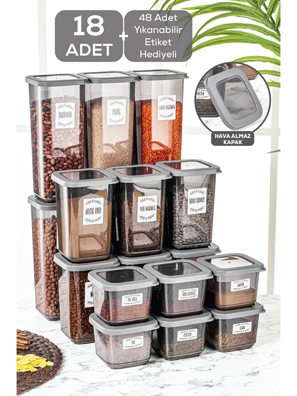 18'li Silikon Kapaklı Kare Erzak Saklama Kabı Seti 6x(0,5 lt-1,1 lt-1,7 lt) Baharatlık Seti Antrasit