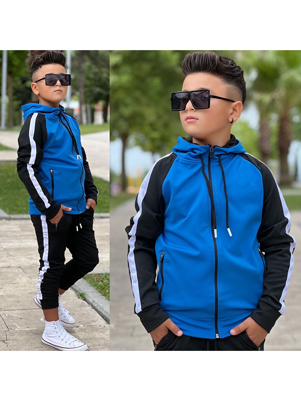 Mavi Unisex Şerit Detaylı Kapüşonlu Çocuk Eşofman Takımı ESF.1903-1