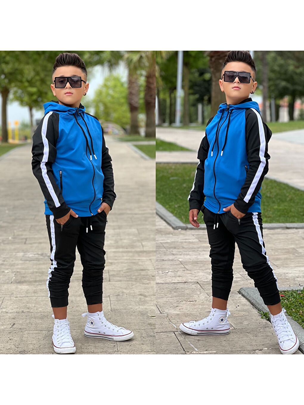 Mavi Unisex Şerit Detaylı Kapüşonlu Çocuk Eşofman Takımı ESF.1903-2