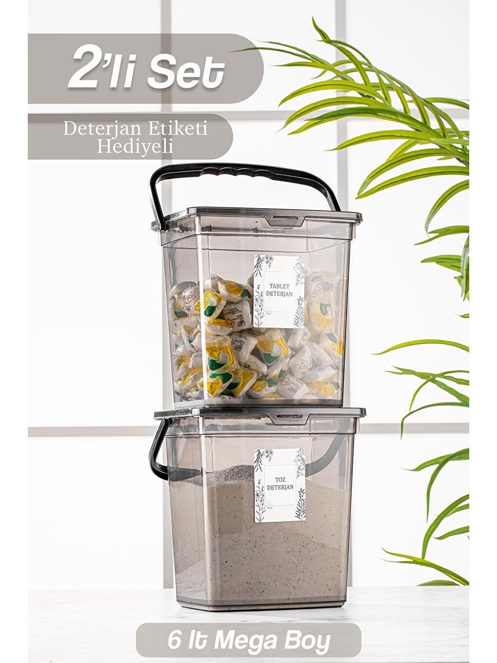 Antrasit 2'li Set Etiketli Kapaklı Deterjan Saklama Kabı