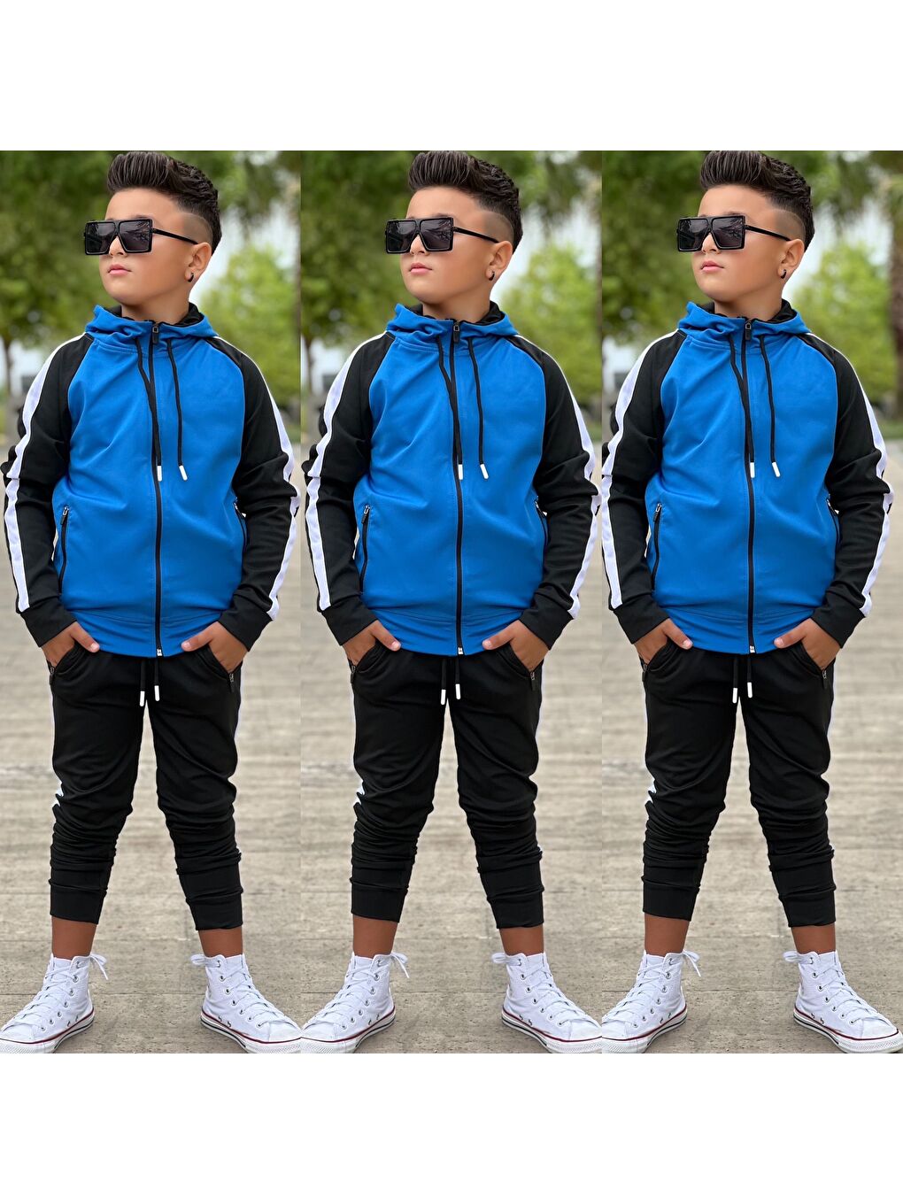 Mavi Unisex Şerit Detaylı Kapüşonlu Çocuk Eşofman Takımı ESF.1903-3