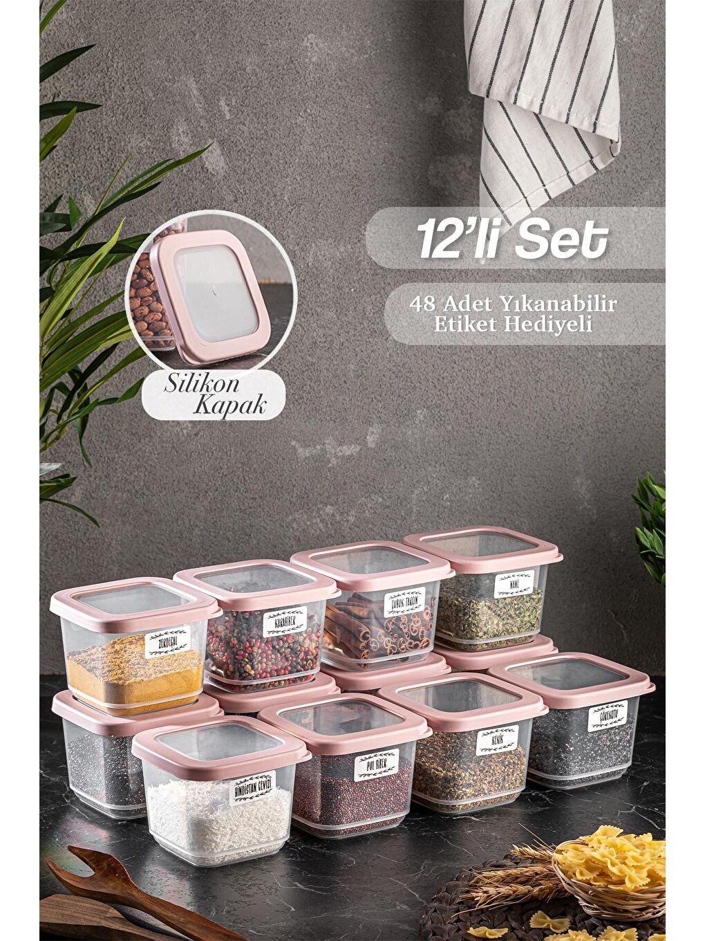 Antrasit 12'li Küçük Boy Silikon Kapaklı Kare Erzak Saklama Kabı Seti 12x 500 ml