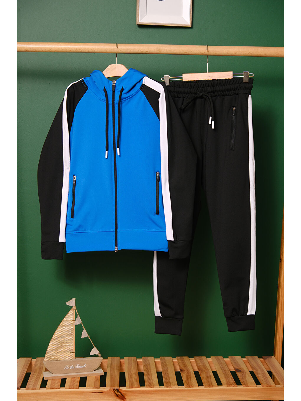 Mavi Unisex Şerit Detaylı Kapüşonlu Çocuk Eşofman Takımı ESF.1903-4
