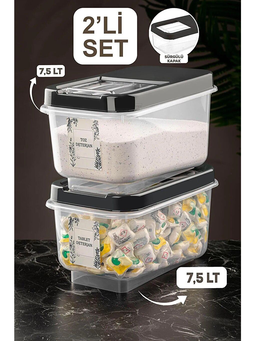 Antrasit 2'li Etiketli 7,5 lt Kayar Kapaklı Deterjan Saklama Kabı-1