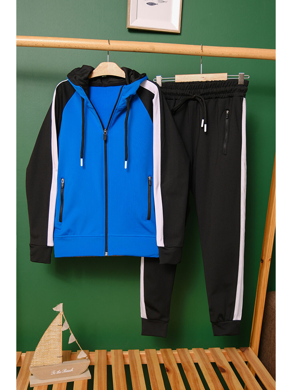 Mavi Unisex Şerit Detaylı Kapüşonlu Çocuk Eşofman Takımı ESF.1903-5