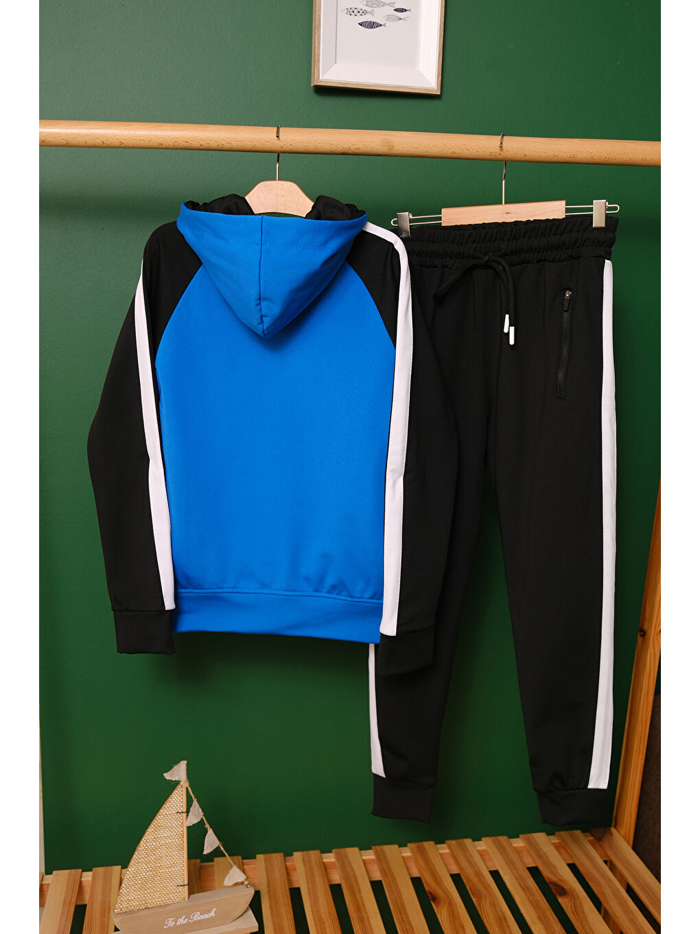 Mavi Unisex Şerit Detaylı Kapüşonlu Çocuk Eşofman Takımı ESF.1903-6