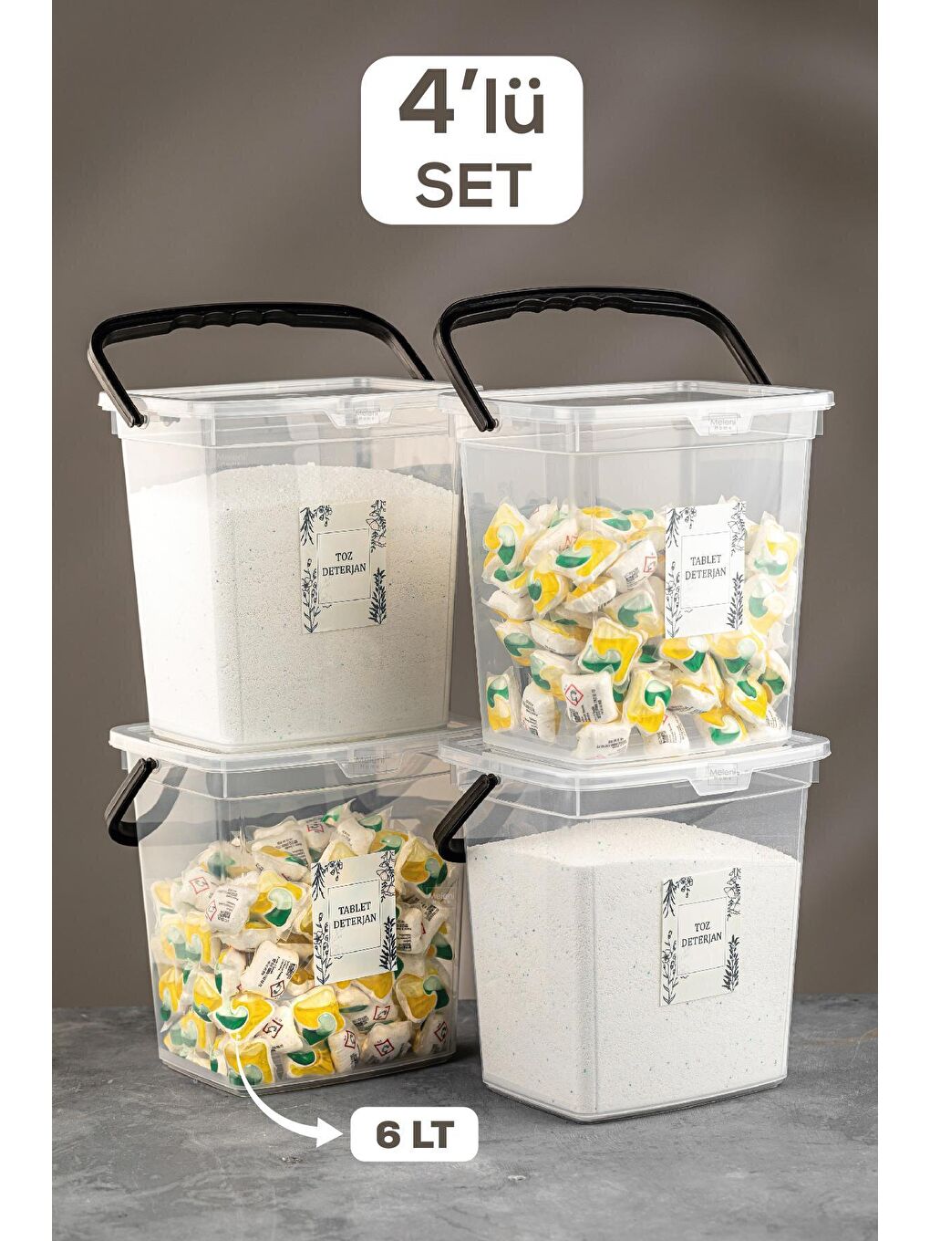 Antrasit 4'lü Set Etiketli Kapaklı Deterjan Saklama Kabı