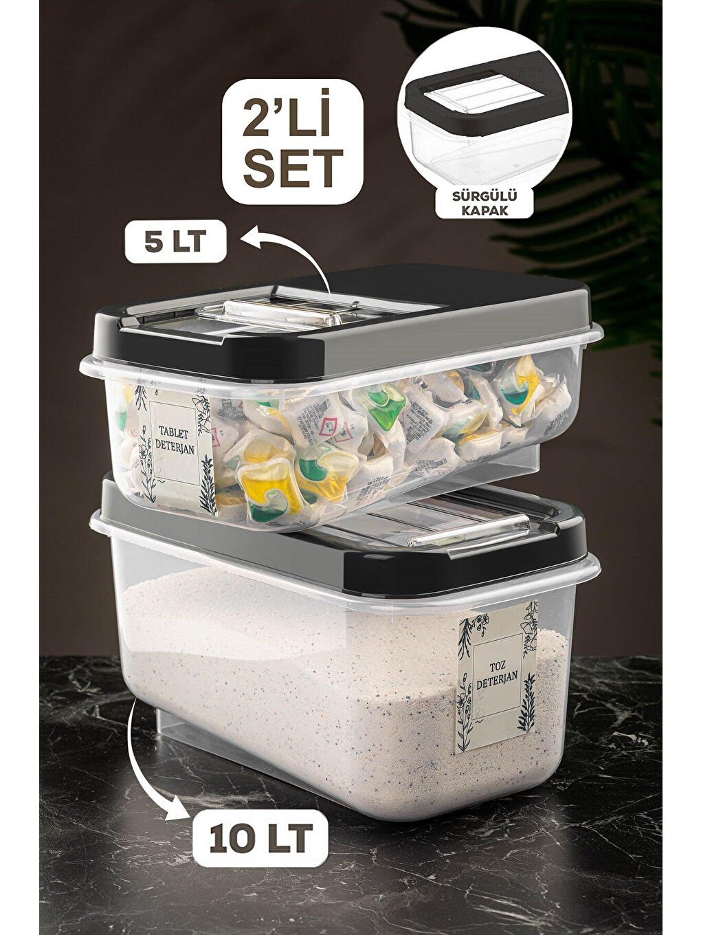 2'li Etiketli Kayar Kapaklı Deterjan Saklama Kabı 5lt-7,5lt Antrasit-1