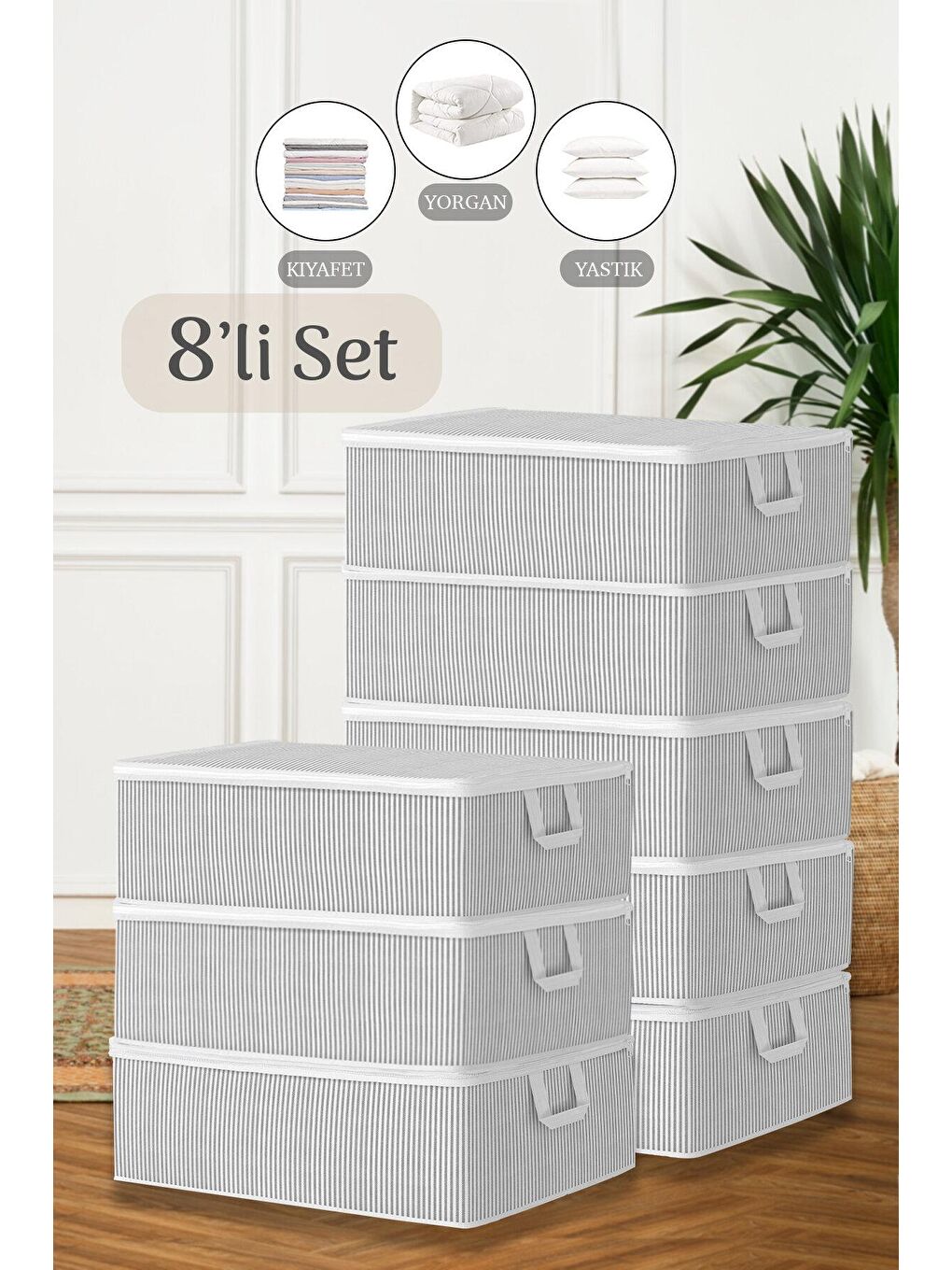 Gri 8'li Çekyat Baza Tipi Yastık Kıyafet Saklama Hurcu 50 x 30 x 22 cm
