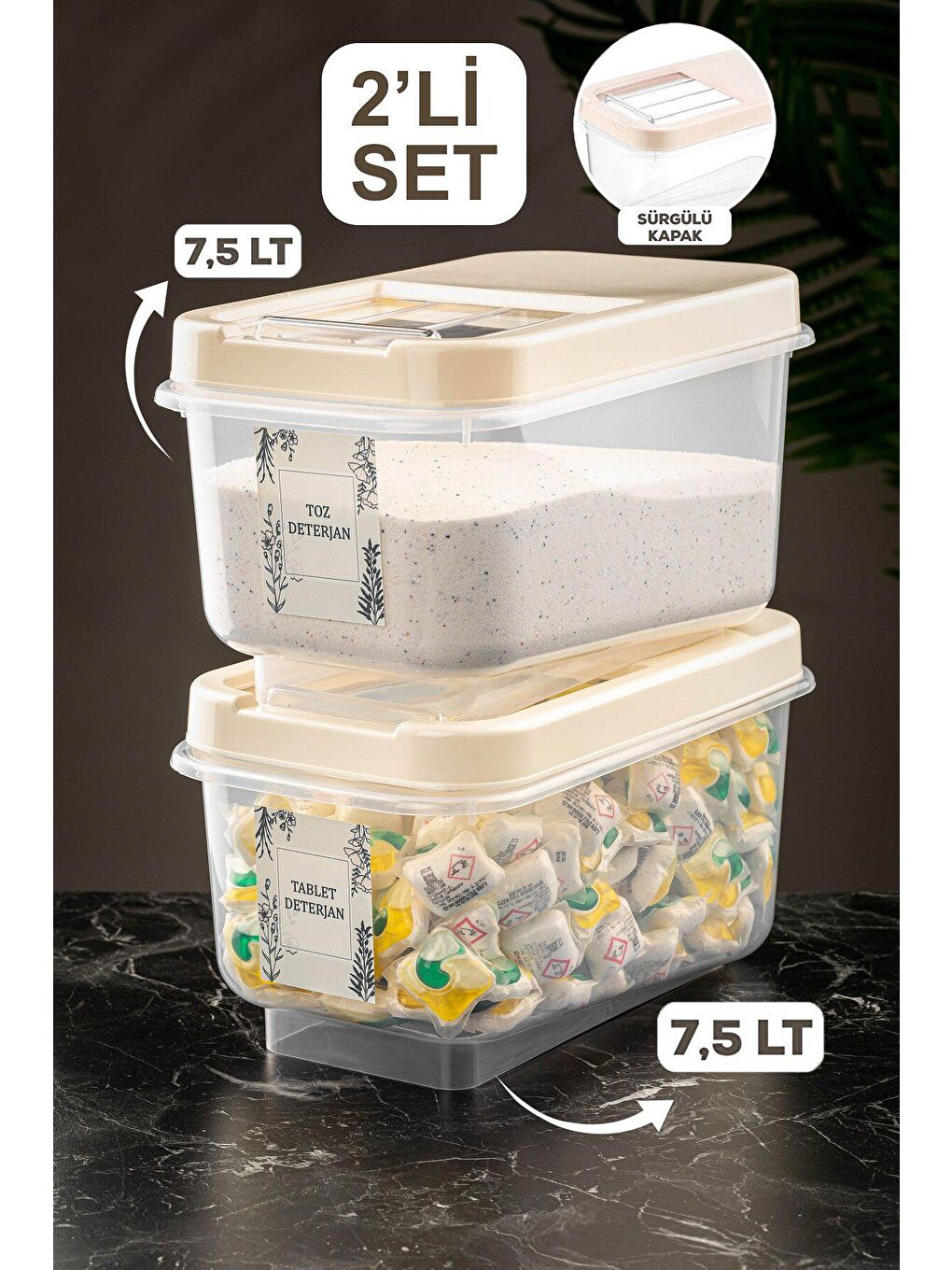 Antrasit 2'li Etiketli 7,5 lt Kayar Kapaklı Deterjan Saklama Kabı-1