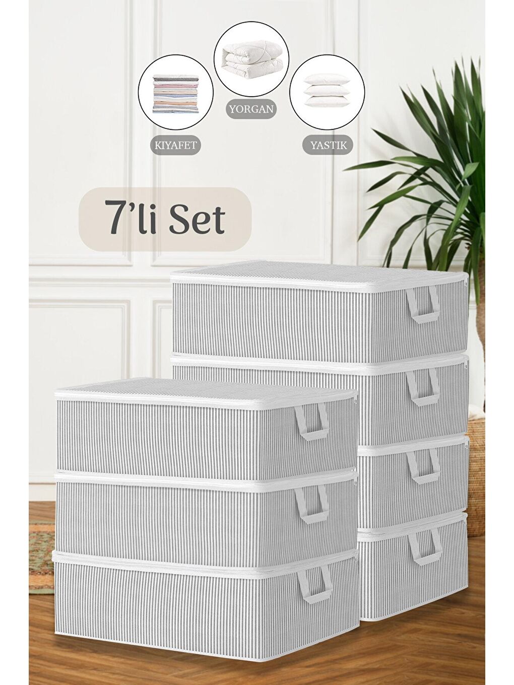 Gri 7'li Çekyat Baza Tipi Yastık Kıyafet Saklama Hurcu 50 x 30 x 22 cm
