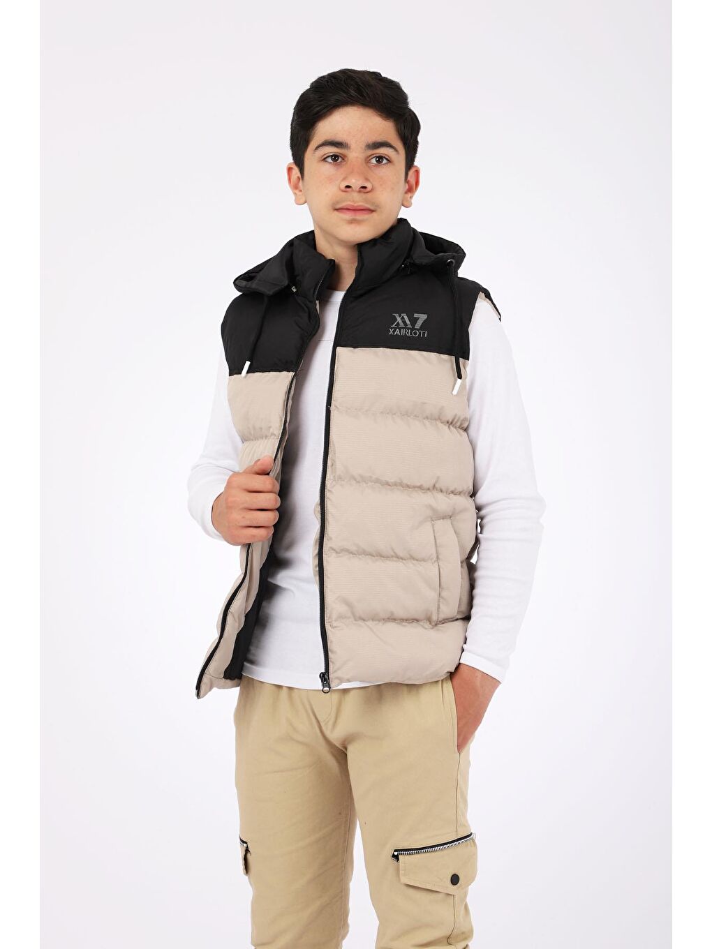 Bej Çıkarılabilir Kapüşonlu Su Geçirmez Erkek Çocuk Şişme Yelek İki Renk