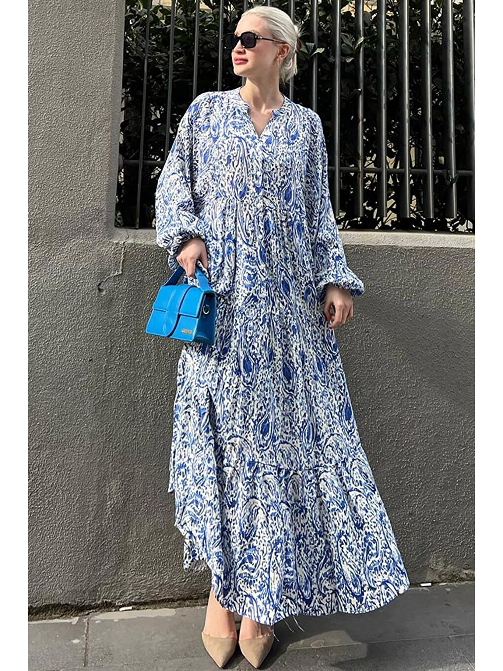 Mavi Saks Askılı Önü Büzgülü Elbise-1