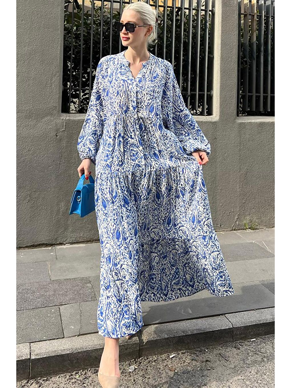 Mavi Saks Askılı Önü Büzgülü Elbise-2