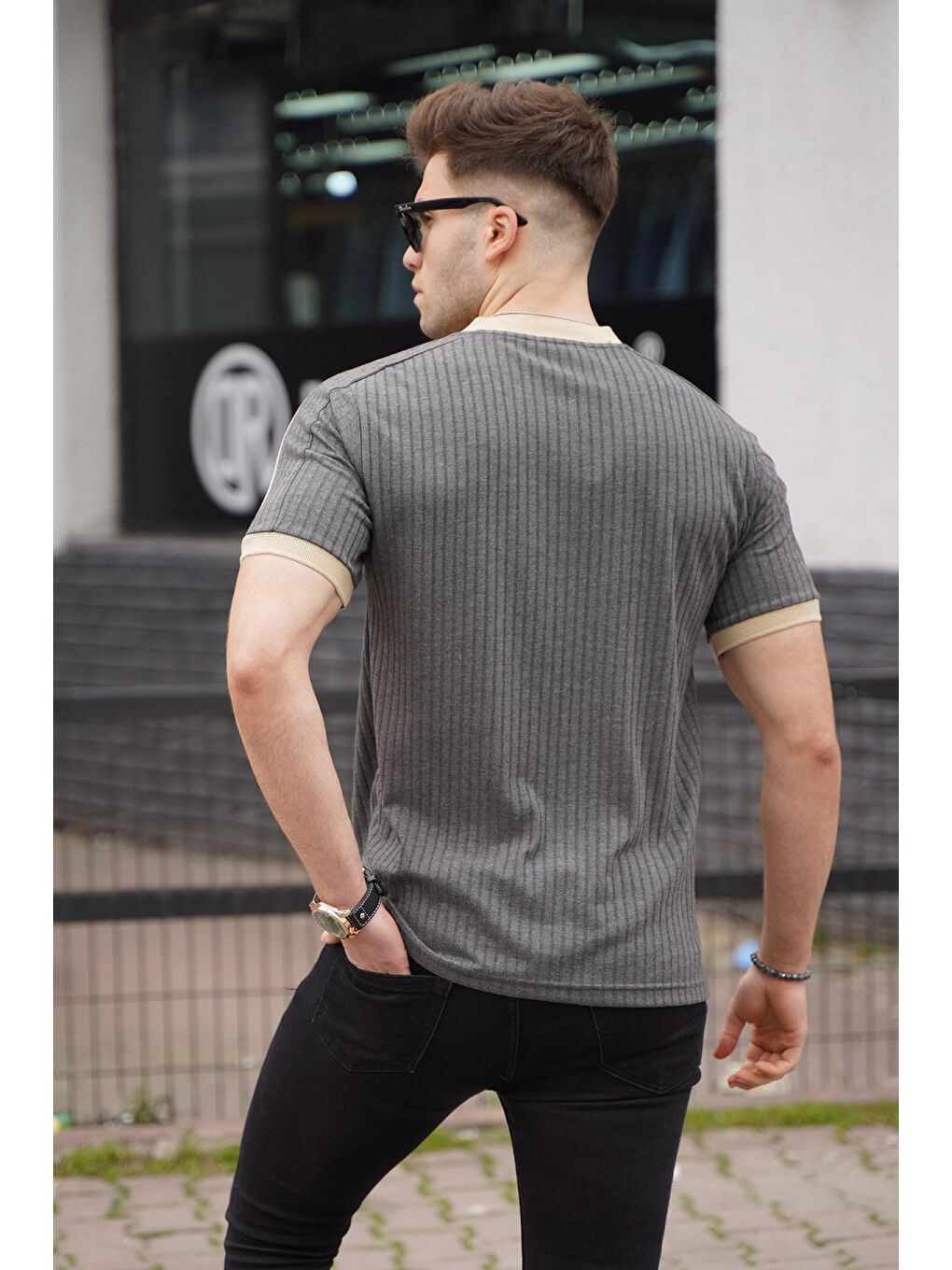 Antrasit Fermuar Yaka Erkek  Penye Tişört-1