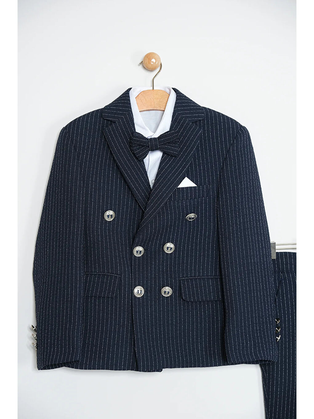 Lacivert Erkek Çocuk Çizgili Ceket Gömlek Pantolon Papyonlu Takım Elbise Te.1001y-6