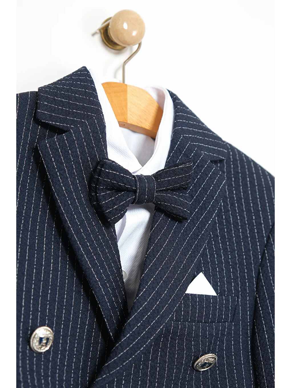 Lacivert Erkek Çocuk Çizgili Ceket Gömlek Pantolon Papyonlu Takım Elbise Te.1001y-5