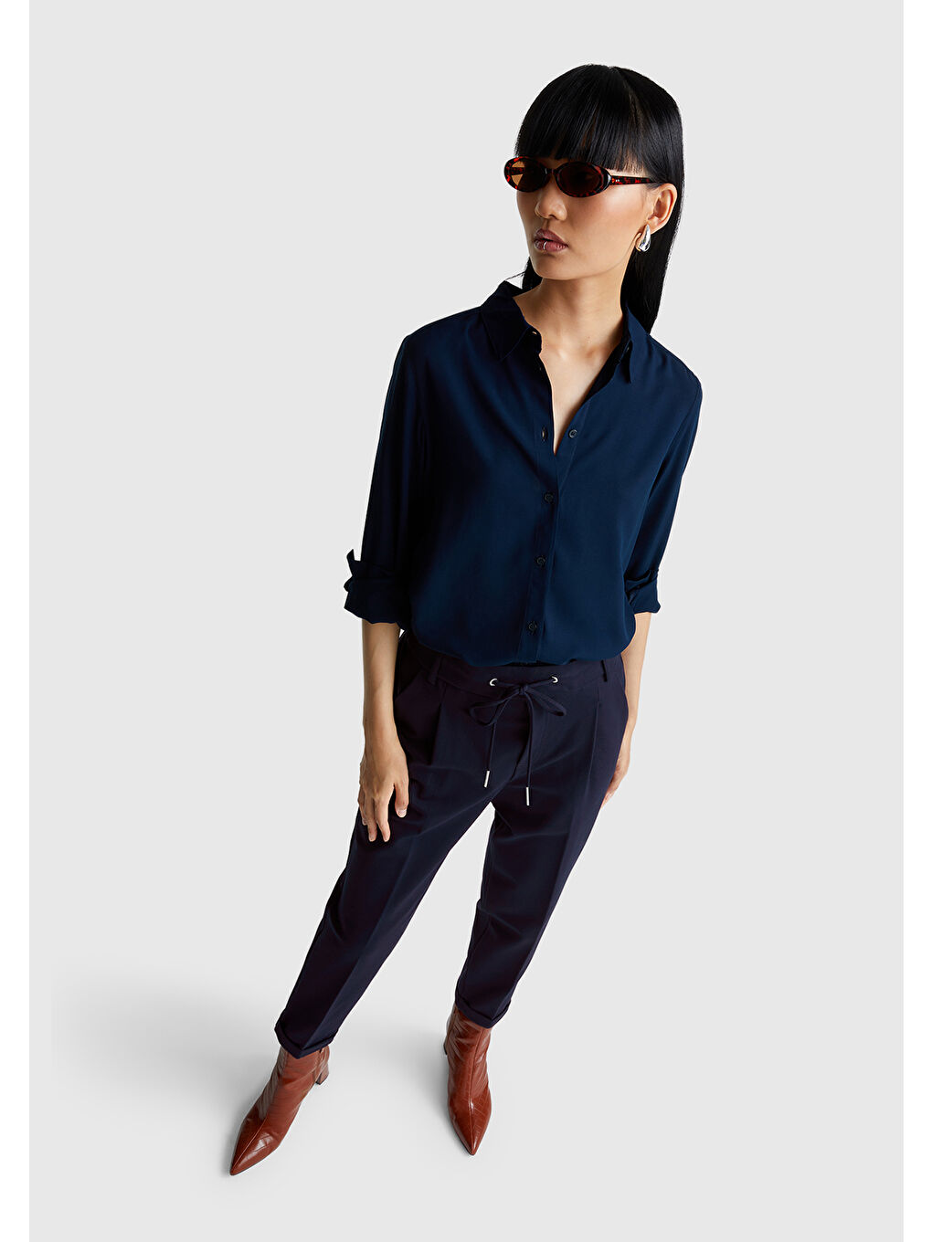 Kadın Lacivert Beli Lastikli Pantolon-4