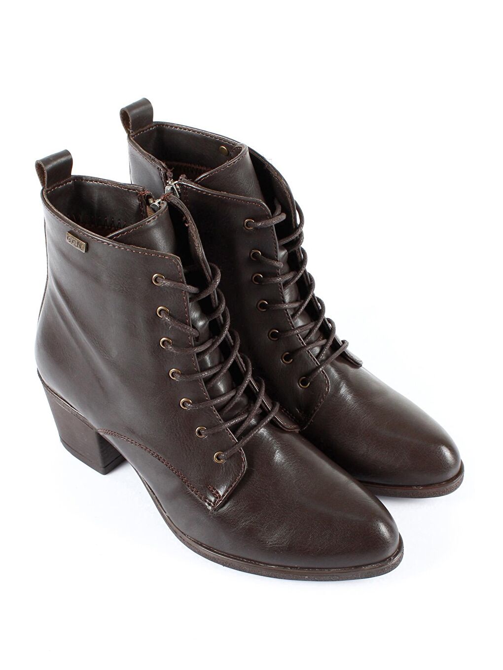 Kahverengi Sivri Burun Kauçuk Taban Topuklu Fermuarlı Bağcıklı Kadın Günlük Bot 20479-1