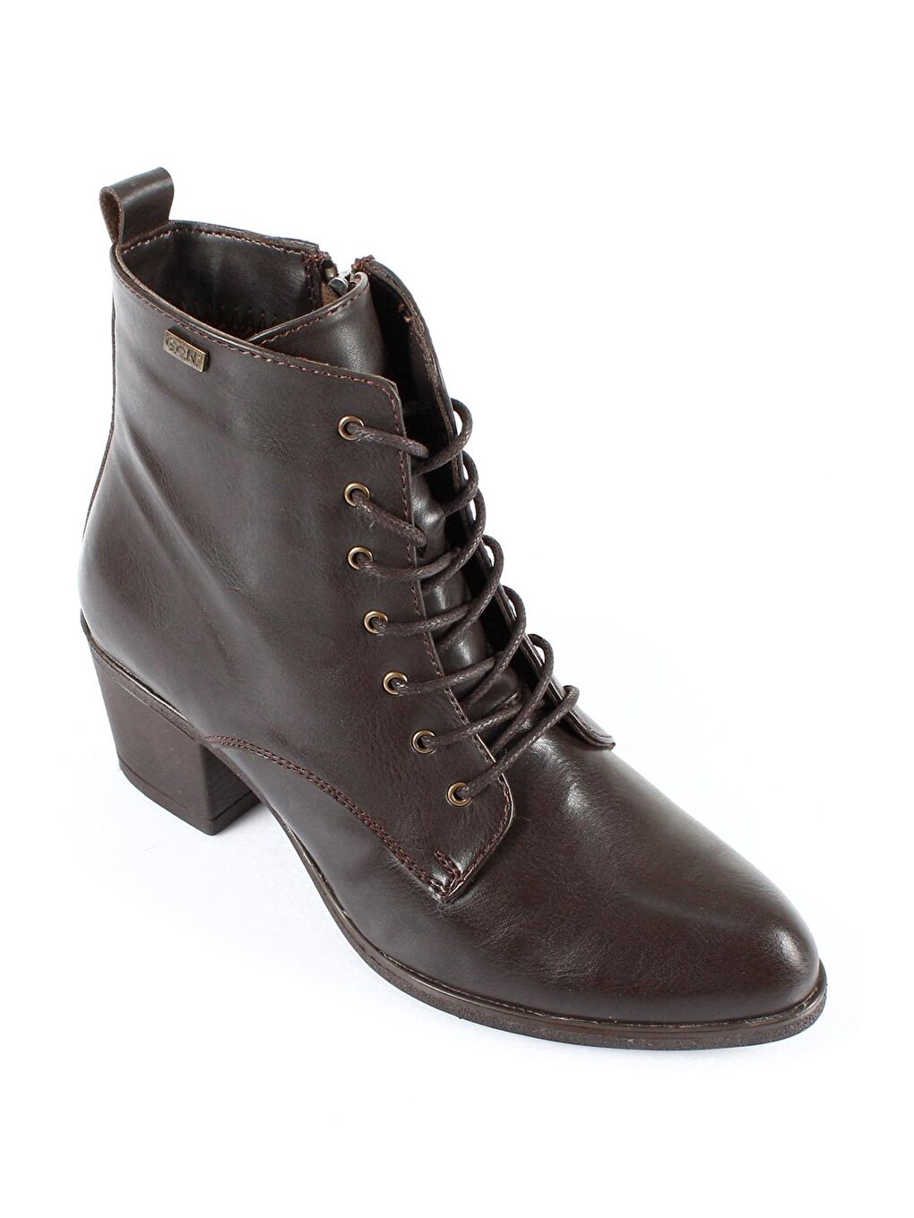 Kahverengi Sivri Burun Kauçuk Taban Topuklu Fermuarlı Bağcıklı Kadın Günlük Bot 20479-4