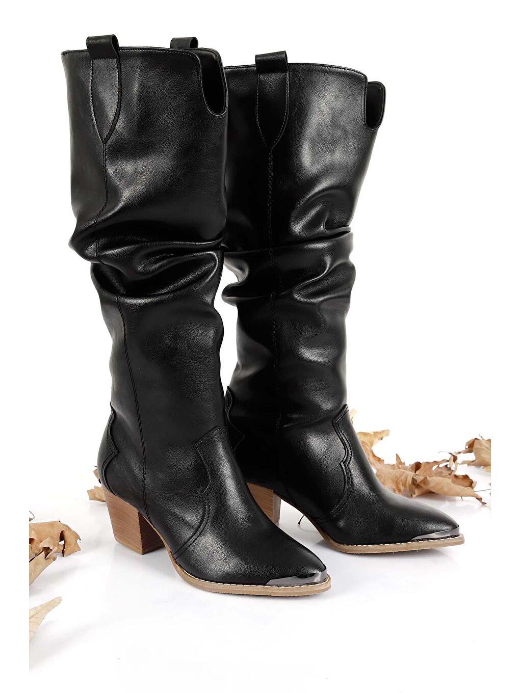 Siyah Sivri Burun Topuklu Körüklü Western Kovboy Günlük Kadın Çizme 32241-1