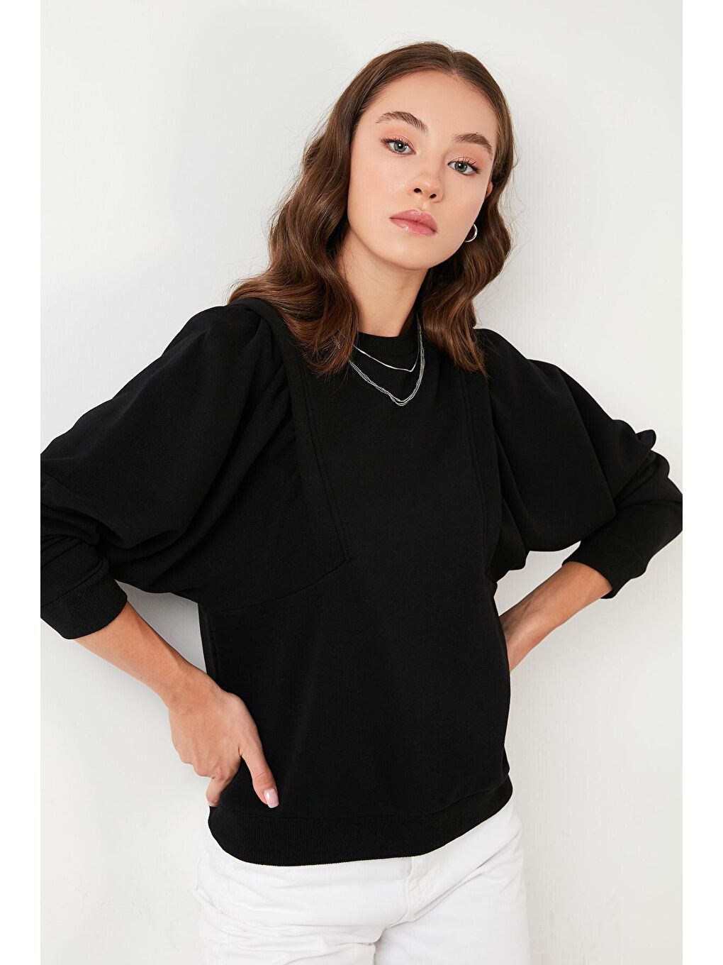 Siyah Bisiklet Yaka Pamuklu Basic Örme Sweat 601MS0183