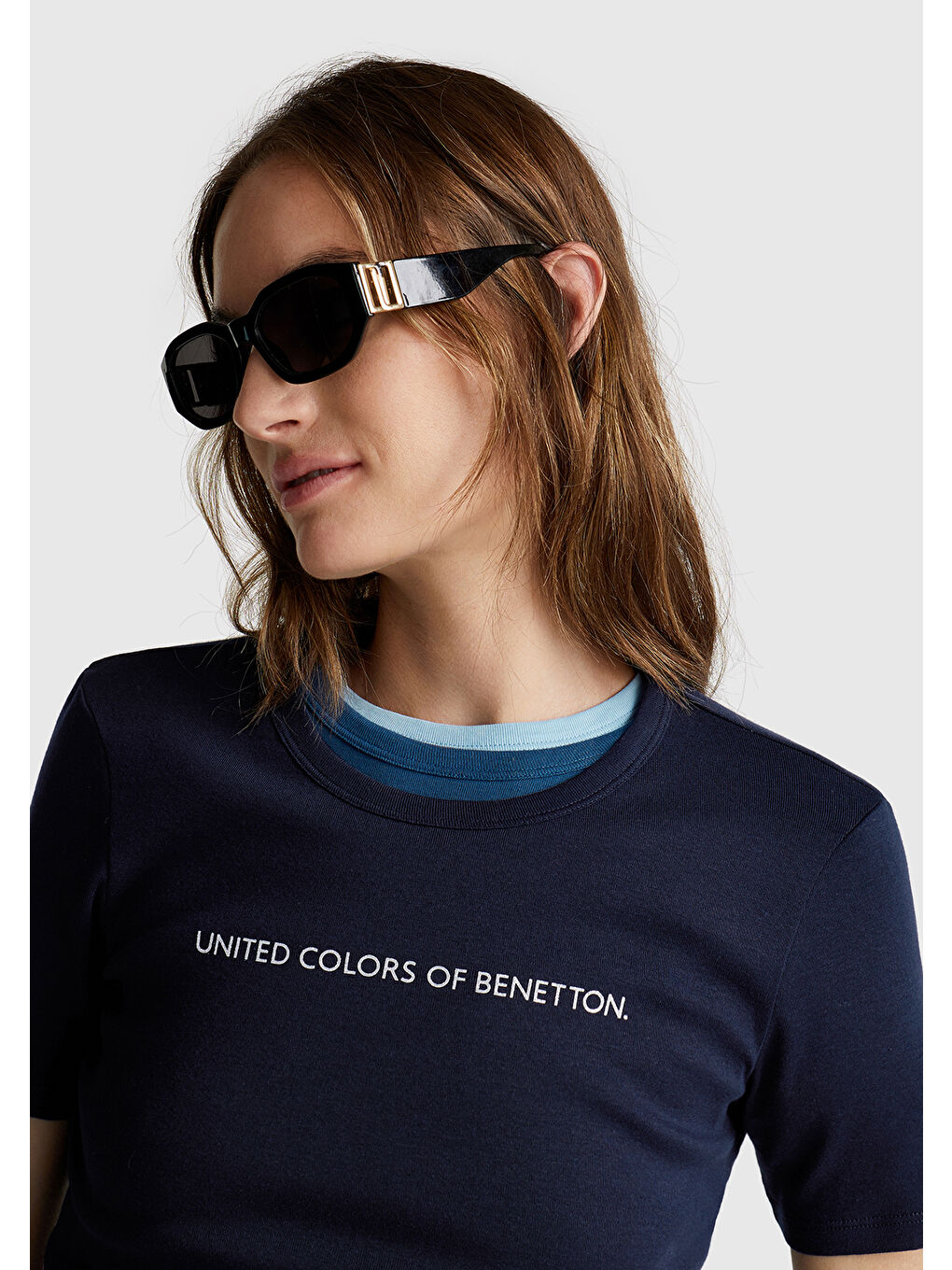 Kadın Lacivert 100 Pamuk Benetton Yazılı Basic T Shirt-4