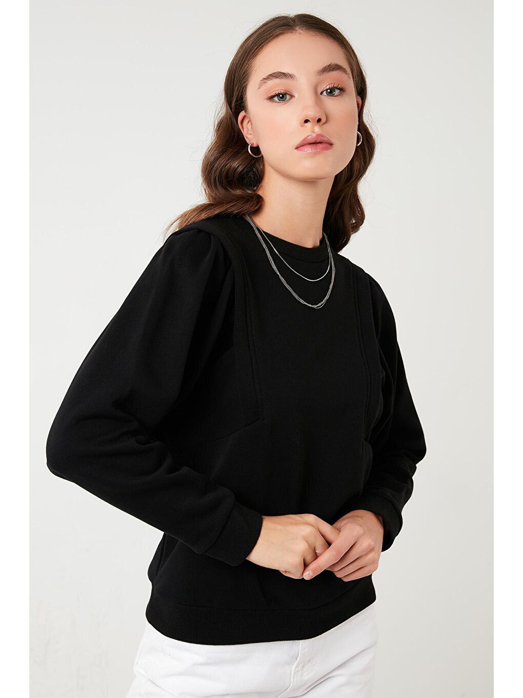 Siyah Bisiklet Yaka Pamuklu Basic Örme Sweat 601MS0183-1