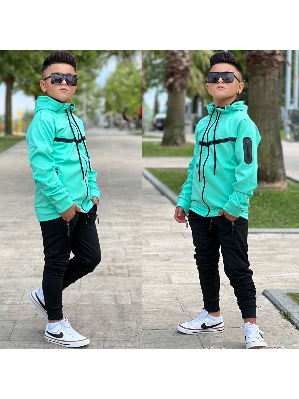 Yeşil Unısex Dalgıç Kumaş Kapüşonlu Eşofman Takımı ESF 600-1