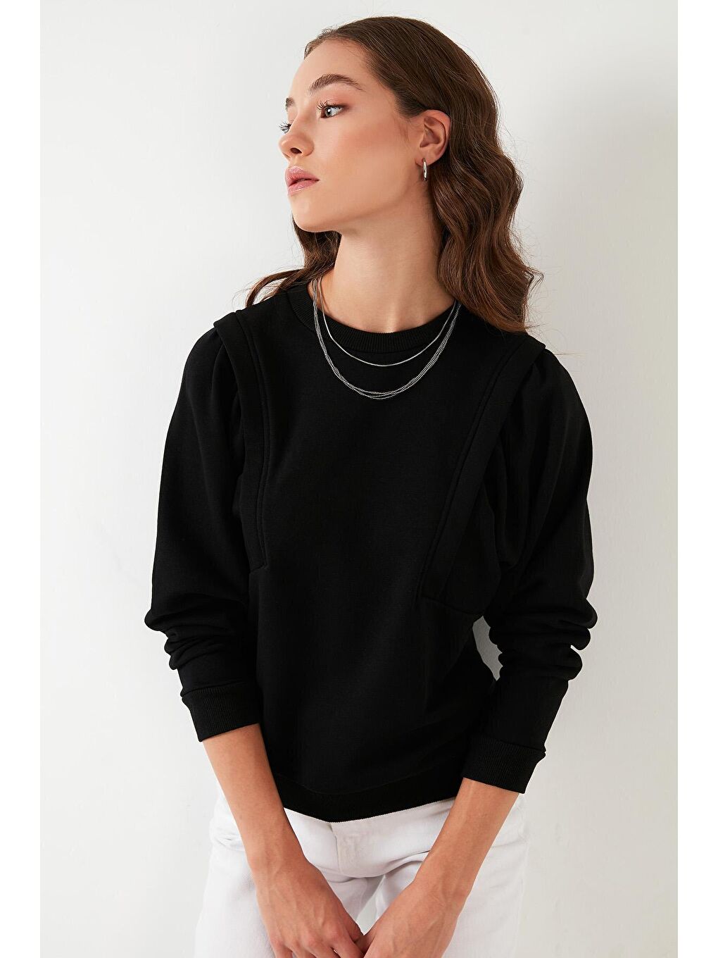 Siyah Bisiklet Yaka Pamuklu Basic Örme Sweat 601MS0183-2