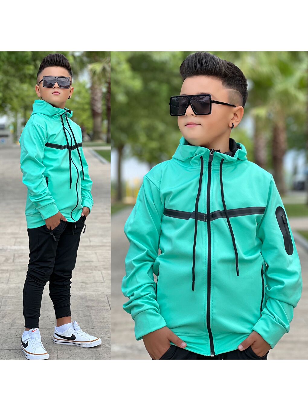 Yeşil Unısex Dalgıç Kumaş Kapüşonlu Eşofman Takımı ESF 600-2