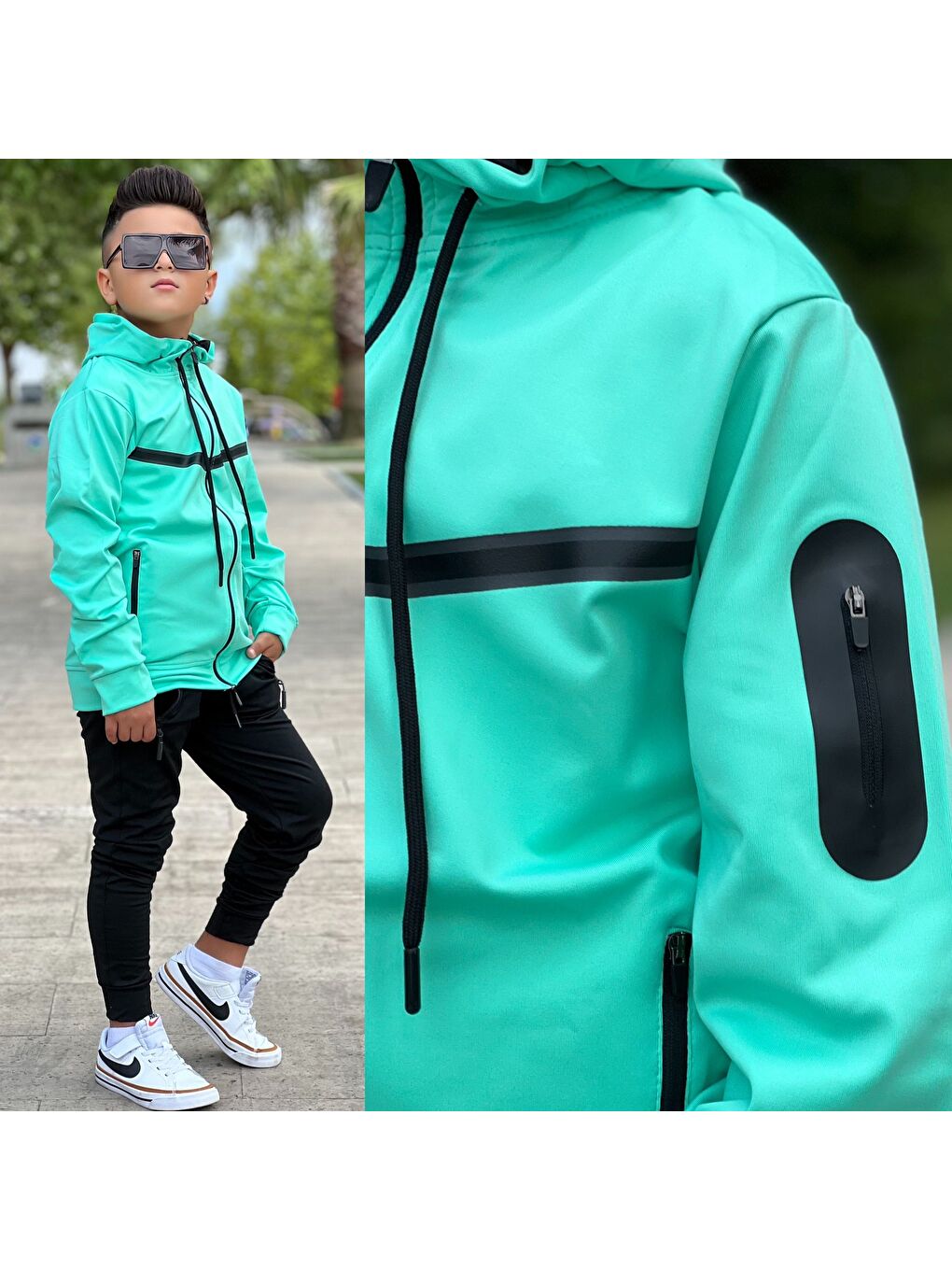 Yeşil Unısex Dalgıç Kumaş Kapüşonlu Eşofman Takımı ESF 600-3