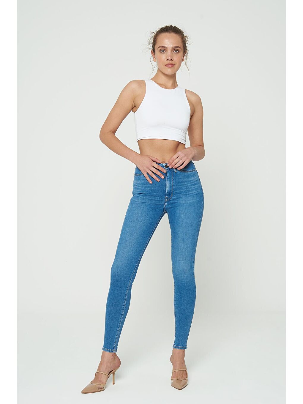 Judy Orta Mavi   Yüksek  Bel Fermuarlı Skinny Fit Jean Pantolon C 4521-161