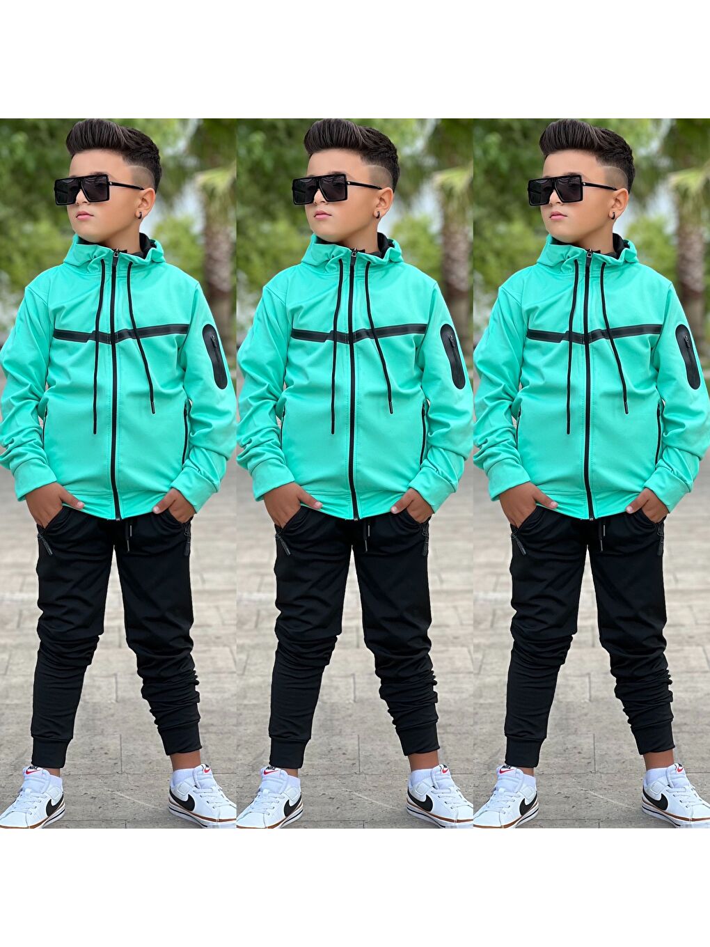 Yeşil Unısex Dalgıç Kumaş Kapüşonlu Eşofman Takımı ESF 600-4