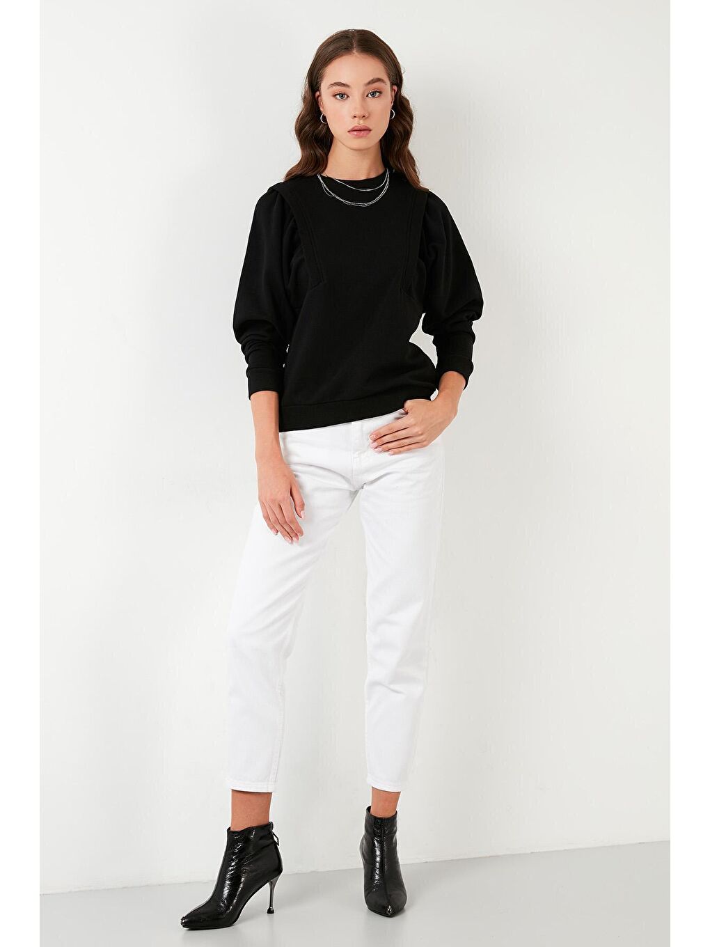 Siyah Bisiklet Yaka Pamuklu Basic Örme Sweat 601MS0183-3