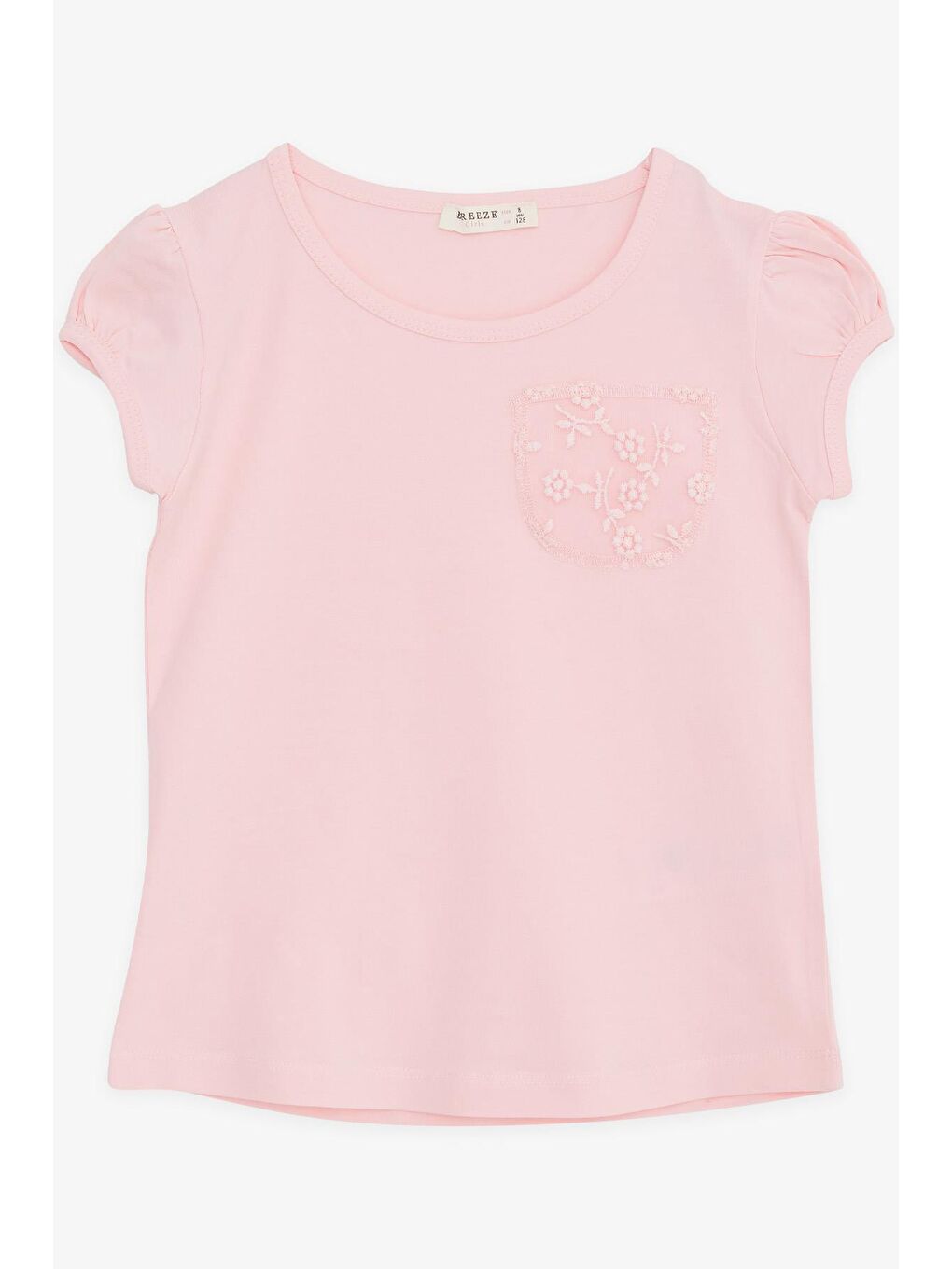 Kız Çocuk Tişört Cebi Tül Çiçek Nakışlı Pembe (4-9 Yaş)