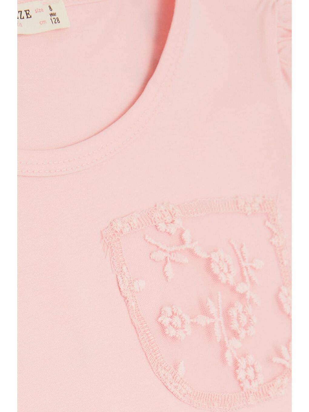 Kız Çocuk Tişört Cebi Tül Çiçek Nakışlı Pembe (4-9 Yaş)-2