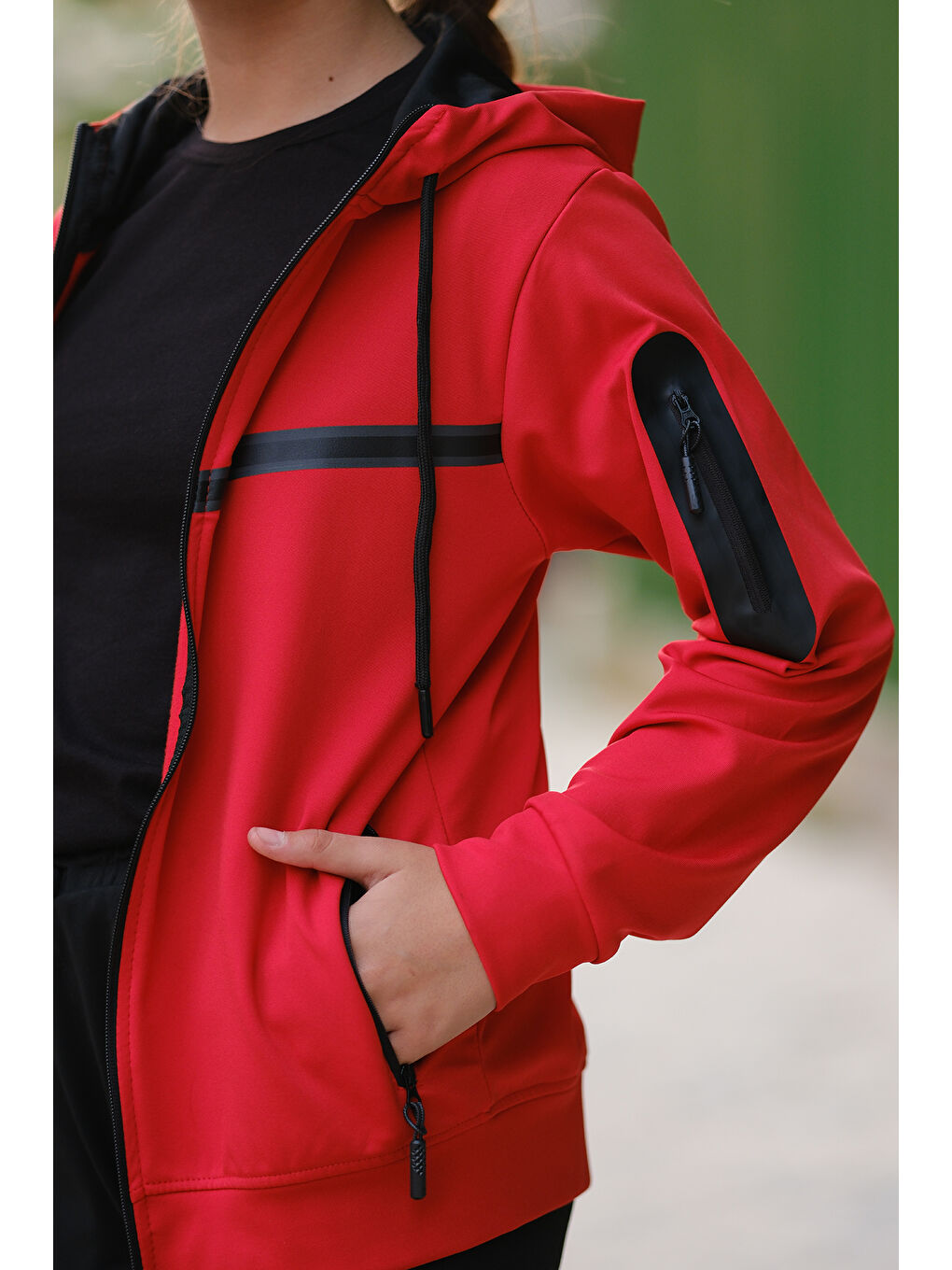 Kırmızı Unısex Dalgıç Kumaş Kapüşonlu Eşofman Takımı ESF 600-6