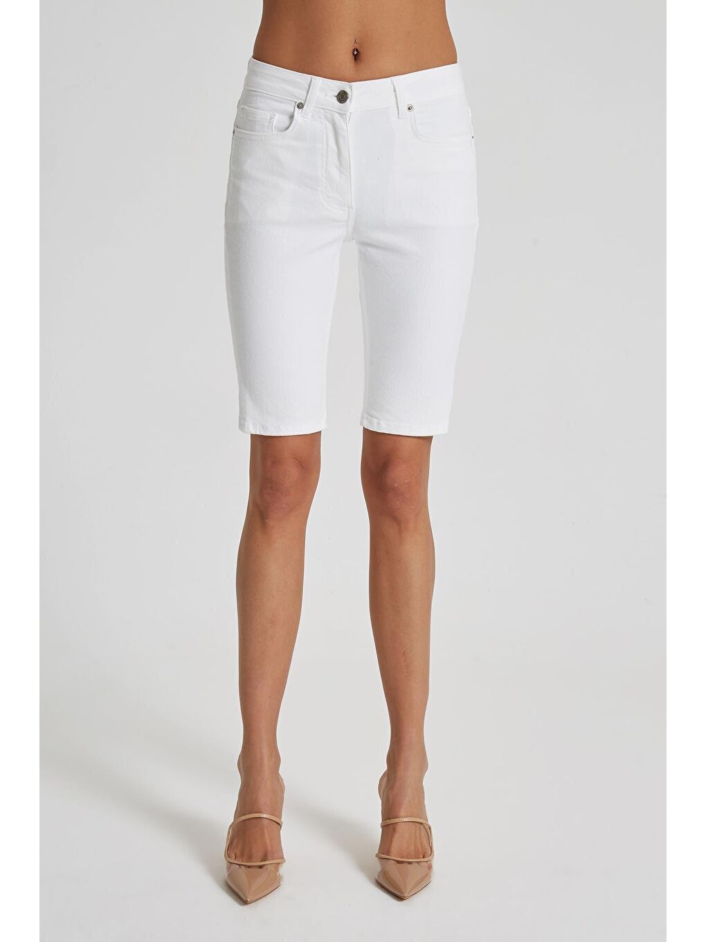 Beyaz Orta Bel Biker Jean Şort C 4534-019-1