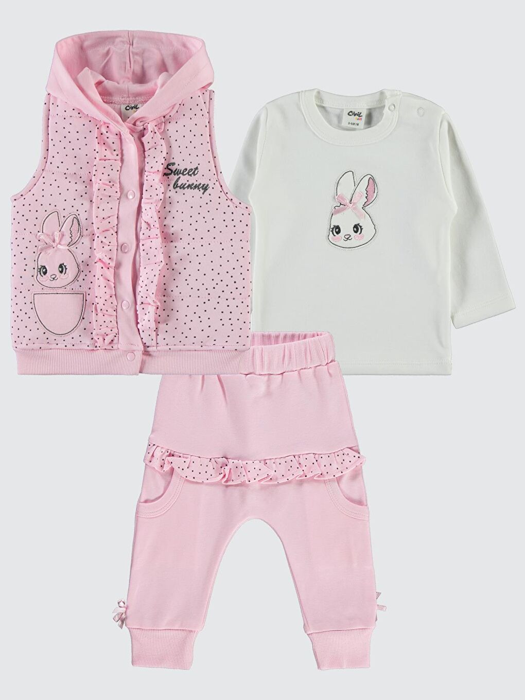 Baby Puan Tavşan Nakışlı 6-18 Ay Takım - Pembe 9-12 Ay-1