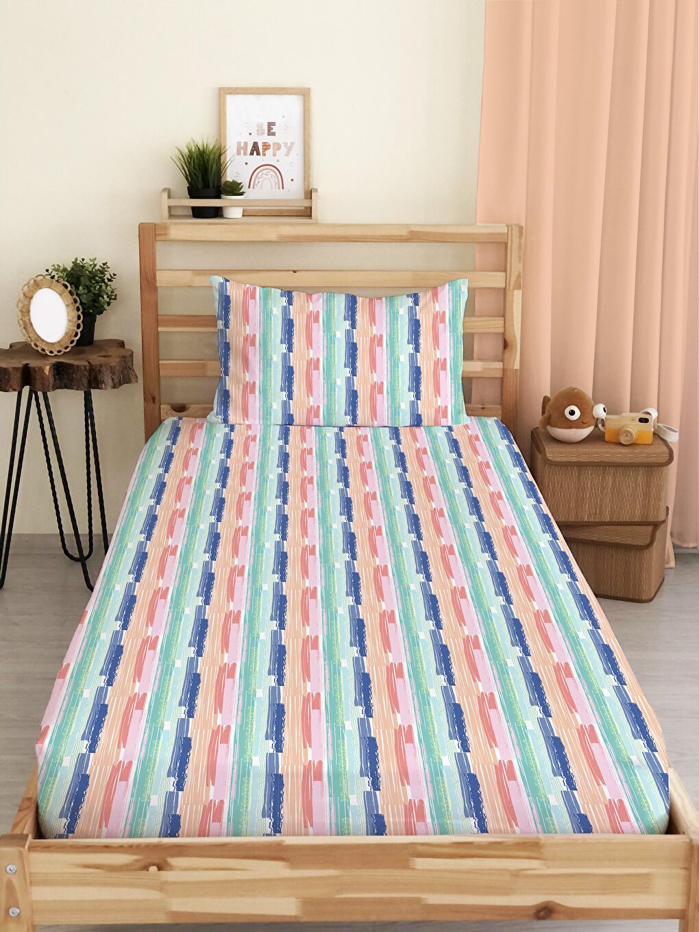 Karışık Modern Desen Baskılı Tek Kişilik Lastikli Çarşaf Seti Renkli