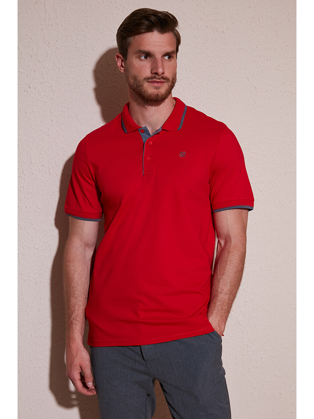 Gri Pamuklu Slim Fit Şerit Detaylı Düğmeli Polo Yaka 5'li Paket T Shirt 5902118s5-1