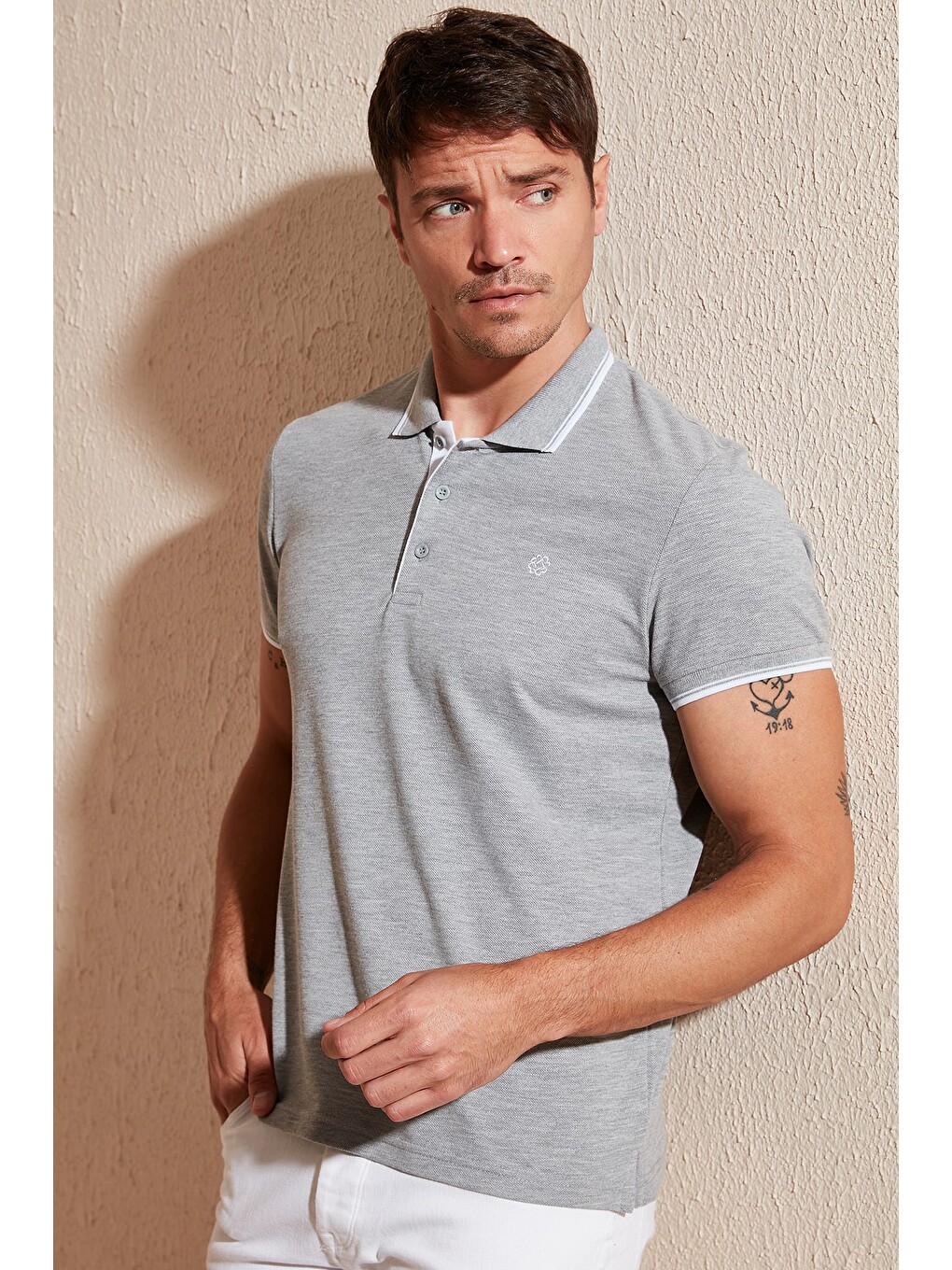 Gri Pamuklu Slim Fit Şerit Detaylı Düğmeli Polo Yaka 5'li Paket T Shirt 5902118s5-2