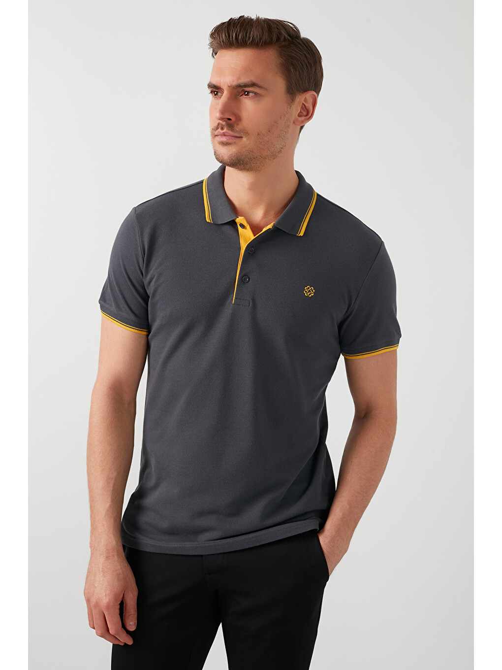 Gri Pamuklu Slim Fit Şerit Detaylı Düğmeli Polo Yaka 5'li Paket T Shirt 5902118s5-4